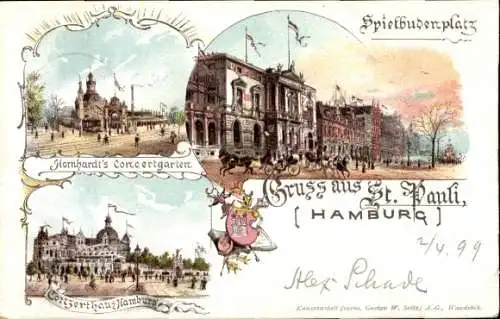 Ak Hamburg Mitte St. Pauli, Spielbudenplatz, Konzertgarten Hornhardt, Konzerthaus Hamburg