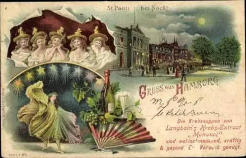 Mondschein Litho Hamburg St. Pauli, Rauchende Frauen, Tänzerin