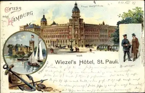 Litho Hamburg Mitte St. Pauli,  Wiezel's Hotel, Briefträger, Post, Uhlenhorst