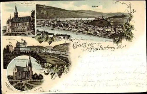 Vorläufer Litho Bingen am Rhein, Hotel Rochusberg, Rochuskapelle, Stadtpanorama