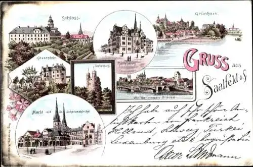 Litho Saalfeld an der Saale Thüringen, Grünhain, Schloss, Rathaus, Johanneskirche