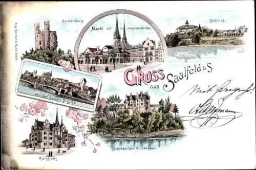 Litho Saalfeld an der Saale Thüringen, Sorbenburg, Markt, Schloss, Rathaus, Sankt-Johanneskirche