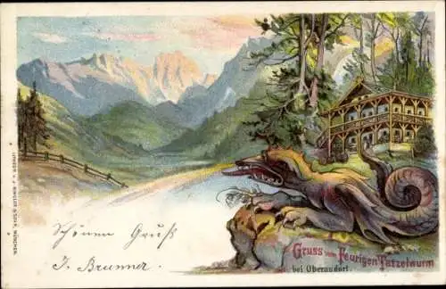 Litho Oberaudorf in Oberbayern, Gasthaus Feuriger Tatzlwurm, Berge, Drache