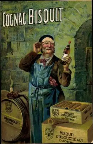 Ak Cognac Bisquit, Dubouche & Co., Mann im Lagerkeller