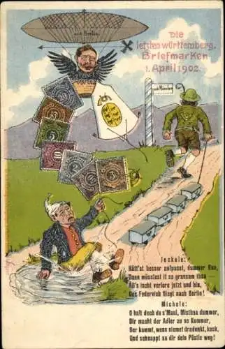 Briefmarken Ak Letzte württembergische Briefmarken 1902, Zeppelin, Humor