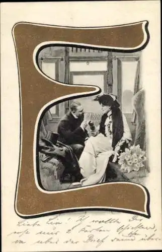 Buchstaben Ak E, Paar in einem Eisenbahnabteil