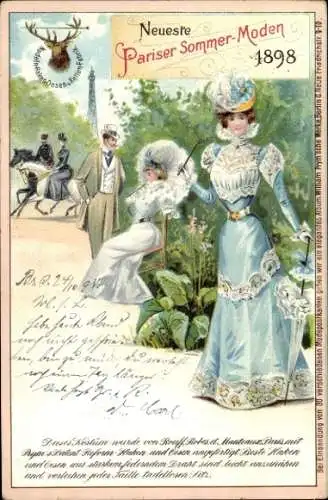 Litho Neueste Pariser Sommer-Moden 1898, Noble Frauen, Kleider, Sonnenschirm, Park