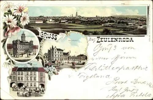Litho Zeulenroda in Thüringen, Neumarkt, Hotel Thüringer Hof, Rathaus