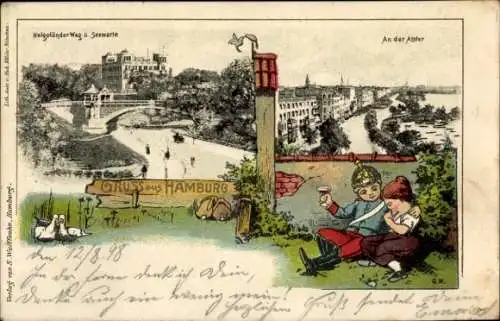 Litho Hamburg, Alster, Helgoländer Weg, Seewarte, Liebespaar, Soldatenliebe