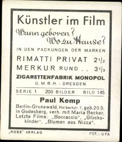 Sammelbild Schauspieler Paul Kemp, Bild Nr. 145