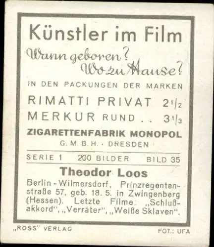 Sammelbild Schauspieler Theodor Loos, Bild Nr. 35