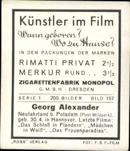 Sammelbild Schauspieler Georg Alexander, Bild Nr. 157