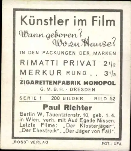Sammelbild Schauspieler Paul Richter, Bild Nr. 52