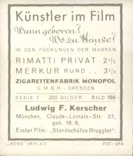 Sammelbild Schauspieler Ludwig F. Kerscher, Bild Nr. 166