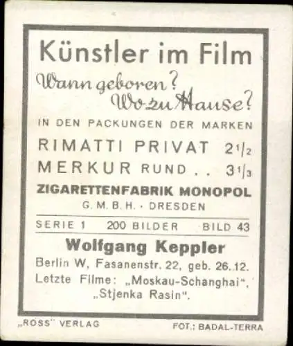 Sammelbild Schauspieler Wolfgang Keppler, Bild Nr. 43