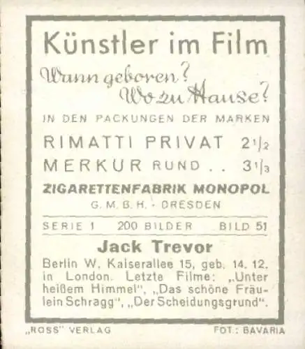 Sammelbild Schauspieler Jack Trevor, Bild Nr. 51