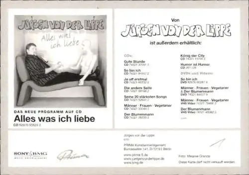 Ak Schauspieler Jürgen von der Lippe, Autogramm, Portrait, Programm Alles was ich liebe