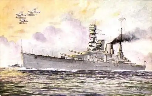 Künstler Ak Britisches Kriegsschiff, HMS Renown, Wasserflugzeuge in der Luft