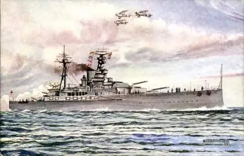 Künstler Ak Britisches Kriegsschiff H.M.S. Royal Oak, Flugzeuge