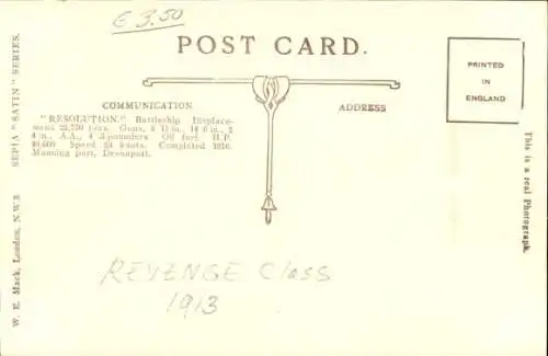 Künstler Ak Britisches Kriegsschiff H.M.S. Resolution, Revenge Class