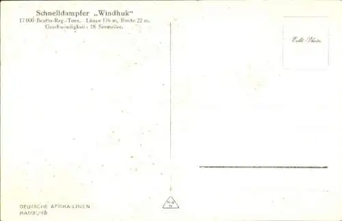 Ak Schelldampfer Windhuk, Woermann-Linie Hamburg