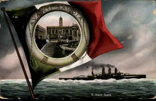 Ak Italienisches Kriegsschiff Roma, Fahne, Rettungsring