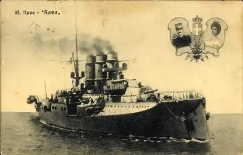 Ak Italienisches Kriegsschiff Roma, Viktor Emanuel III., Elena von Montenegro