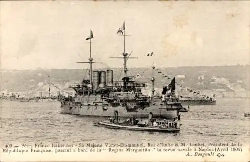 Ak Fetes Franco-Italiennes 1904, Victor Emmanuel und M. Loubet an Bord der Regina Marguerita
