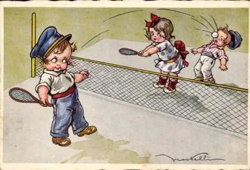 Künstler Ak Castelli, Kinder spielen Tennis, Junge mit Tennisball getroffen