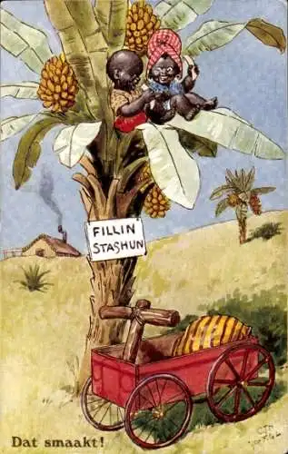 Künstler Ak Afrika, Kinder am Baum, Wagen, Palme