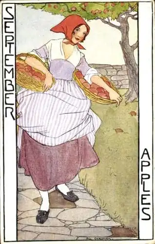 Künstler Ak Cramer, Rie, September, Allegorie, Bäuerin, Äpfel