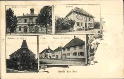 Ak Seltz Selz Elsass Bas Rhin, Rathaus, Postamt, Wohnhaus A. Bisch, Oberförsterei, Spital