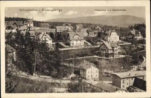 Ak Szklarska Poręba Schreiberhau Riesengebirge Schlesien, Villenpartie, Bahnhofstraße