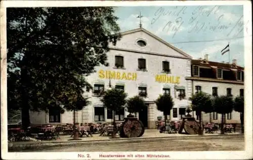Ak Saarbrücken im Saarland, Ansicht der Simbach Mühle, Hausterrasse mit alten Mühlsteinen