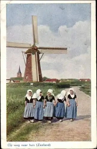Ak Zeeland, Op weg naar huis, Mädchen, niederländische Trachten, Windmühle