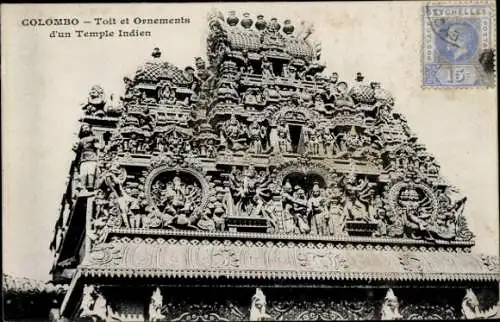 Ak Colombo Ceylon Sri Lanka, Dekorationen und Verzierungen eines indischen Tempels, Tempelansicht