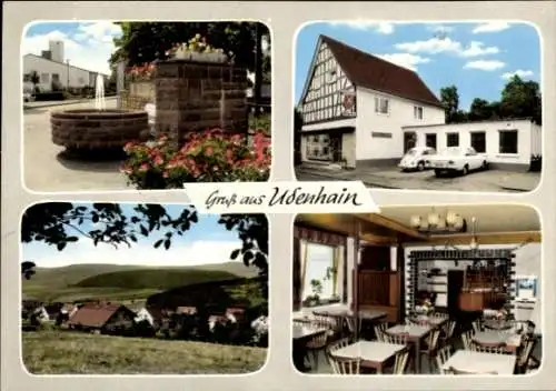 Ak Udenhain Brachttal in Hessen, Brunnen, Fachwerkhaus, Gaststätte Weisgerber, Gastraum, Autos