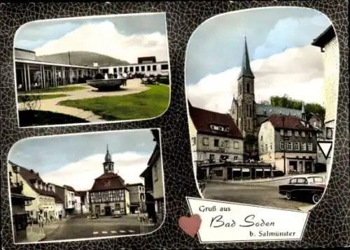 Ak Bad Soden Salmünster in Hessen, Kirche, Ortsansicht, Autos, Herz