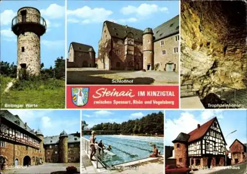 Ak Steinau an der Straße Hessen, Tropfsteinhöhle, Belinger Warte, Schlosshof, Schwimmbad