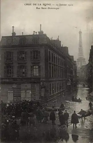 Ak Paris VII, Rue Saint Dominique, 1910 Seine-Überschwemmung, Eiffelturm