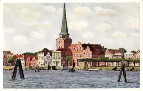 Künstler Ak Ostseebad Travemünde Lübeck, Blick auf Stadt und Kirche