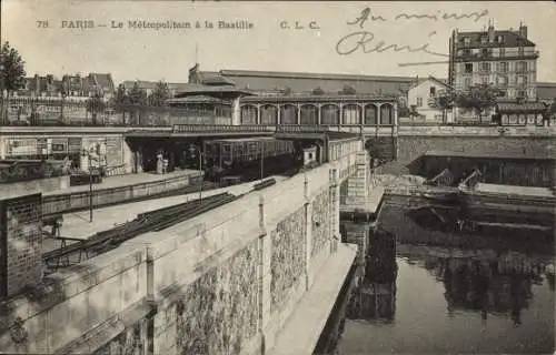 Ak Paris XVI. Arrondissement Passy, Metropolit an der Bastille, Fußgängerbrücke