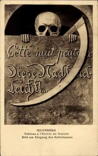 Ak Reiningue Reiningen Elsass Haut Rhin, Abtei Oelenberg, Bild am Eingang des Schlafsaales, Skelett