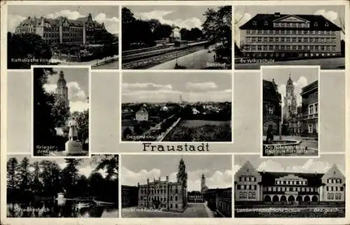 Ak Wschowa Fraustadt Schlesien, Gesamtansicht, Bahnhof, Kriegerdenkmal, Hindenburg Schule
