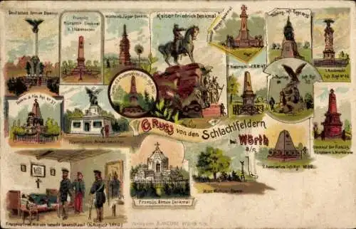 Litho Wœrth sur Sauer Woerth Wörth an der Sauer Elsass Bas Rhin, Schlachten-Denkmäler
