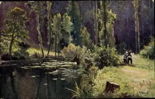 Künstler Ak Zwei Männer im Wald, Teich, Bäume