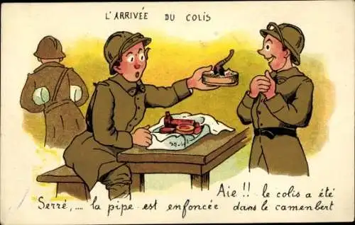 Ak Französische Soldaten am Tisch, Soldatenleben, Essen, Pfeife in der Dose