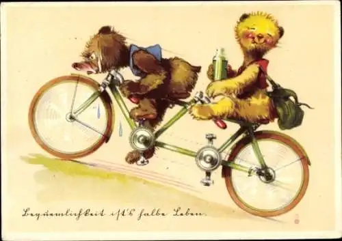 Künstler Ak Bären auf einem Tandem, Fahrrad, Teddy