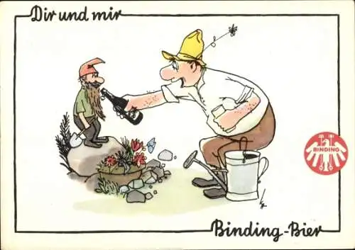 Künstler Ak Dir und mir Binding Bier, Mann gibt Gartenzwerg Bier zu trinken, Gartenarbeit, Gärtner