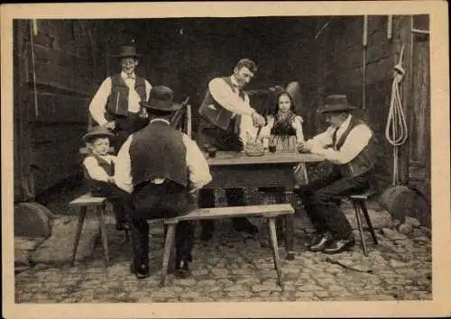 Ak Elsass, Elsässer Tracht, Menschen am Tisch